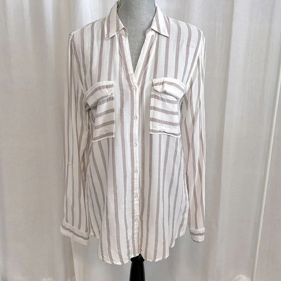 Lightweight Striped Button Down Shirt V Neck Blouse, Size L - Picture 1 of 8